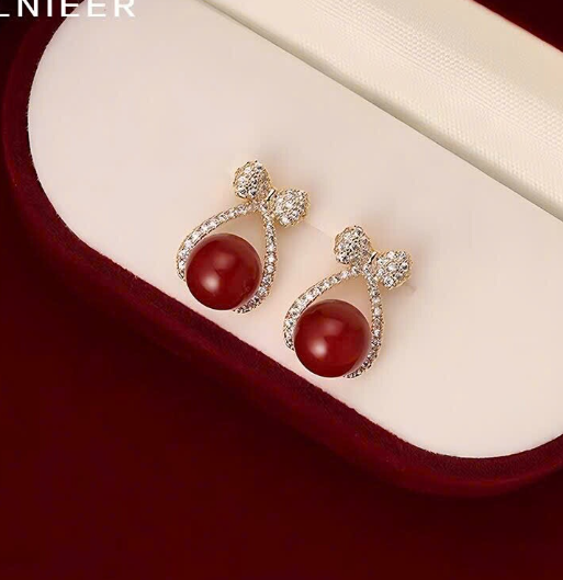 Khuyên tai nơ đính ngọc đỏ Lnieer –70520(Chốt hàng: trước 24h ngày 18/01)