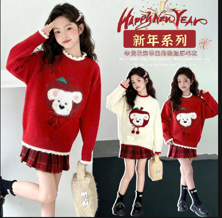 Sét áo len cổ bèo + chân váy kẻ cho bé gái –  69198(Chốt hàng: trước 24h ngày 13/12)