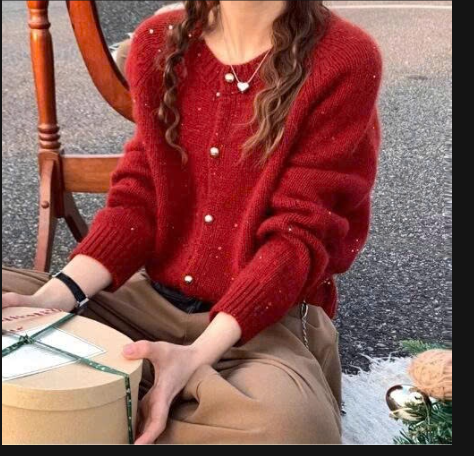 Áo cardigan len đỏ-69251(Chốt hàng: trước 24h ngày 15/12)