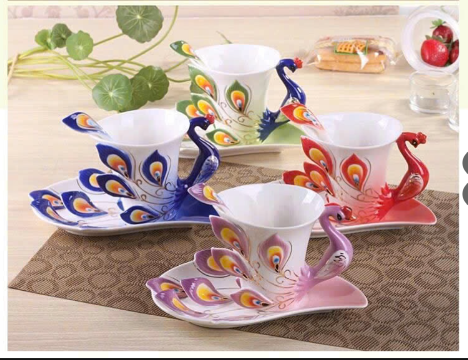 Set cốc cà phê hoạ tiết chim công – 76499 (Chốt hàng: trước 24h ngày 27/7)