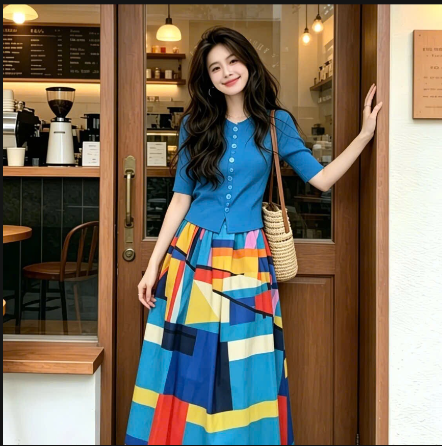 Set áo tay ngắn kèm chân váy xòe vintage –76517(Chốt hàng: trước 24h ngày 28/7)