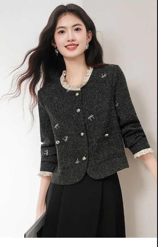 Áo khoác dạ tweed thêu nơ – 77643(Chốt hàng: trước 24h ngày 31/8)