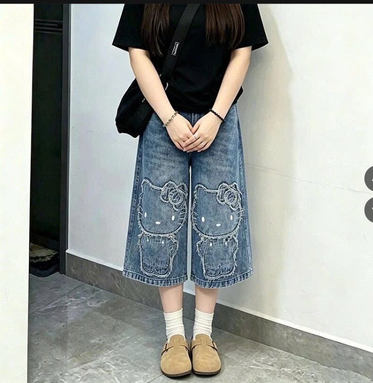 Quần jeans nữ ống rộng hình mèo – 77660(Chốt hàng: trước 24h ngày 1/9)