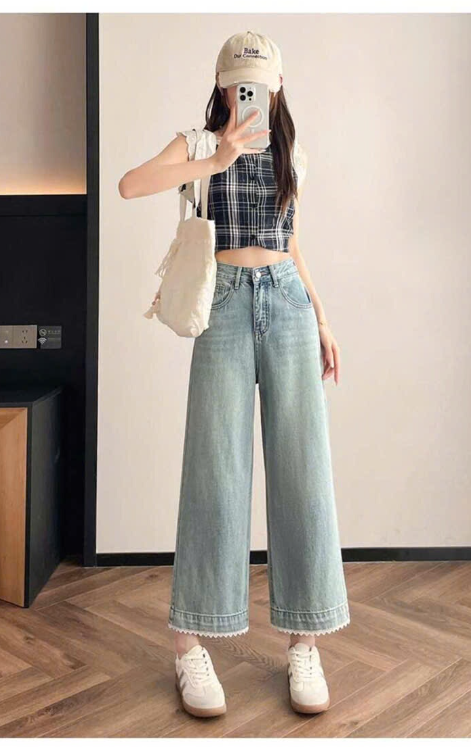 Quần jeans suông phối viền ren nữ –77674(Chốt hàng: trước 24h ngày 1/9)
