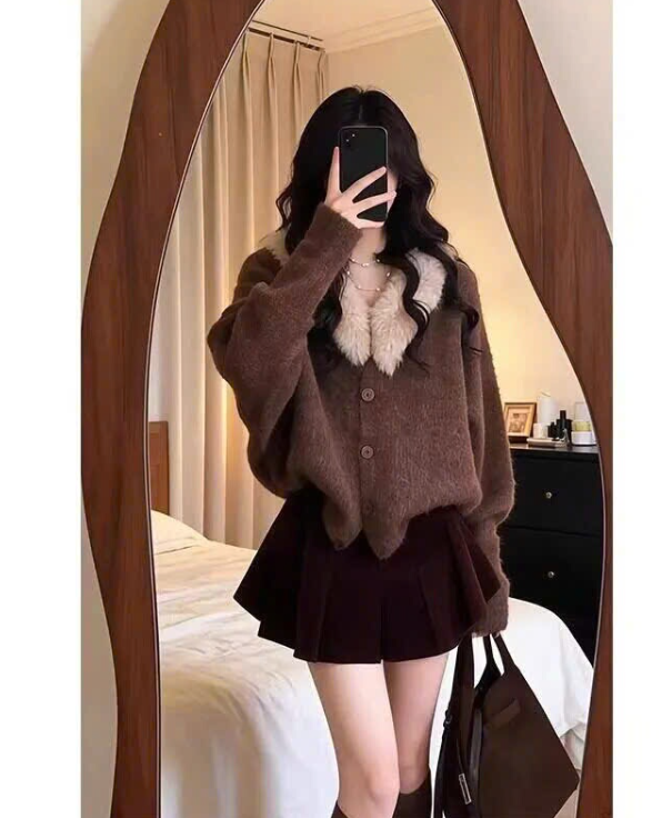 Áo cardigan len nâu cổ lông-77675(Chốt hàng: trước 24h ngày 1/9)