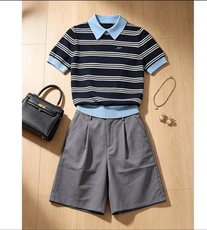 Set áo polo kẻ kèm quần short nữ Korea– 77687 (Chốt hàng: trước 24h ngày 2/9)