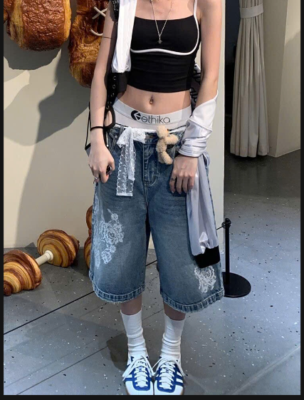 Quần jean lửng ren in hoa - 71107(Chốt hàng: trước 24h ngày 05/3)