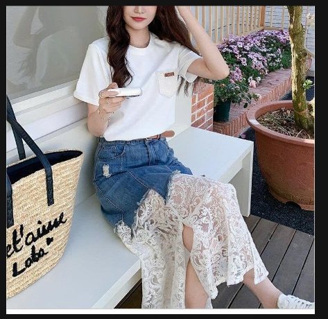 Set áo phông và chân váy jeans phối ren –74473(Chốt hàng: trước 24h ngày 5/6)