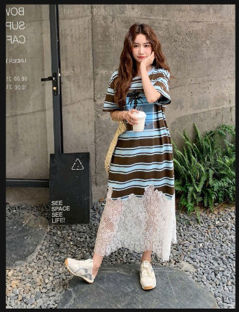 Đầm kẻ phối ren cho nữ –74513(Chốt hàng: trước 24h ngày 6/6)